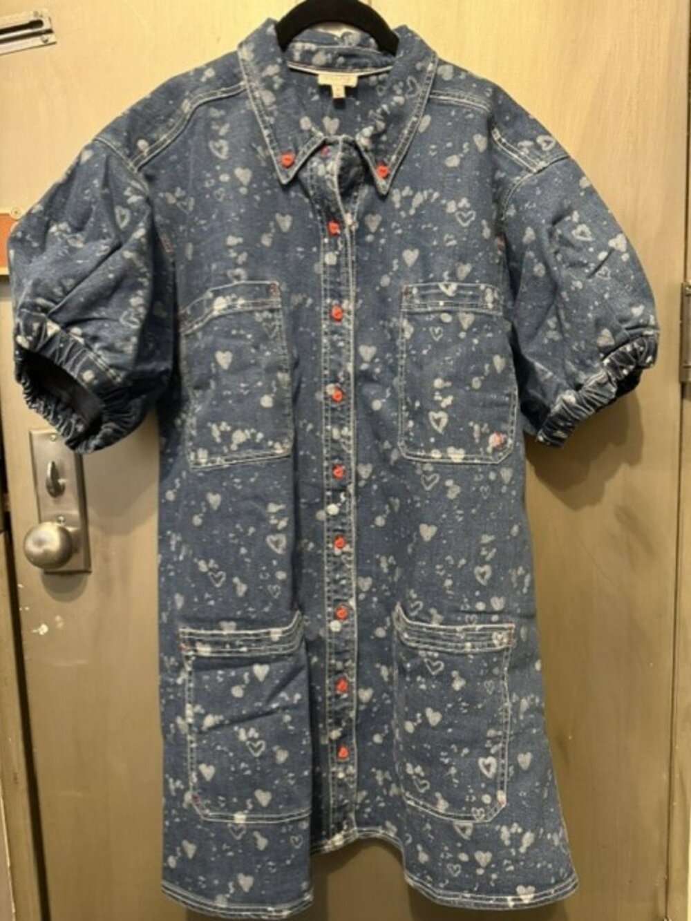 Pilcro Heart Print Denim Button-down Shift Mini Dress with Puff Sleeves - Picture 12 of 16